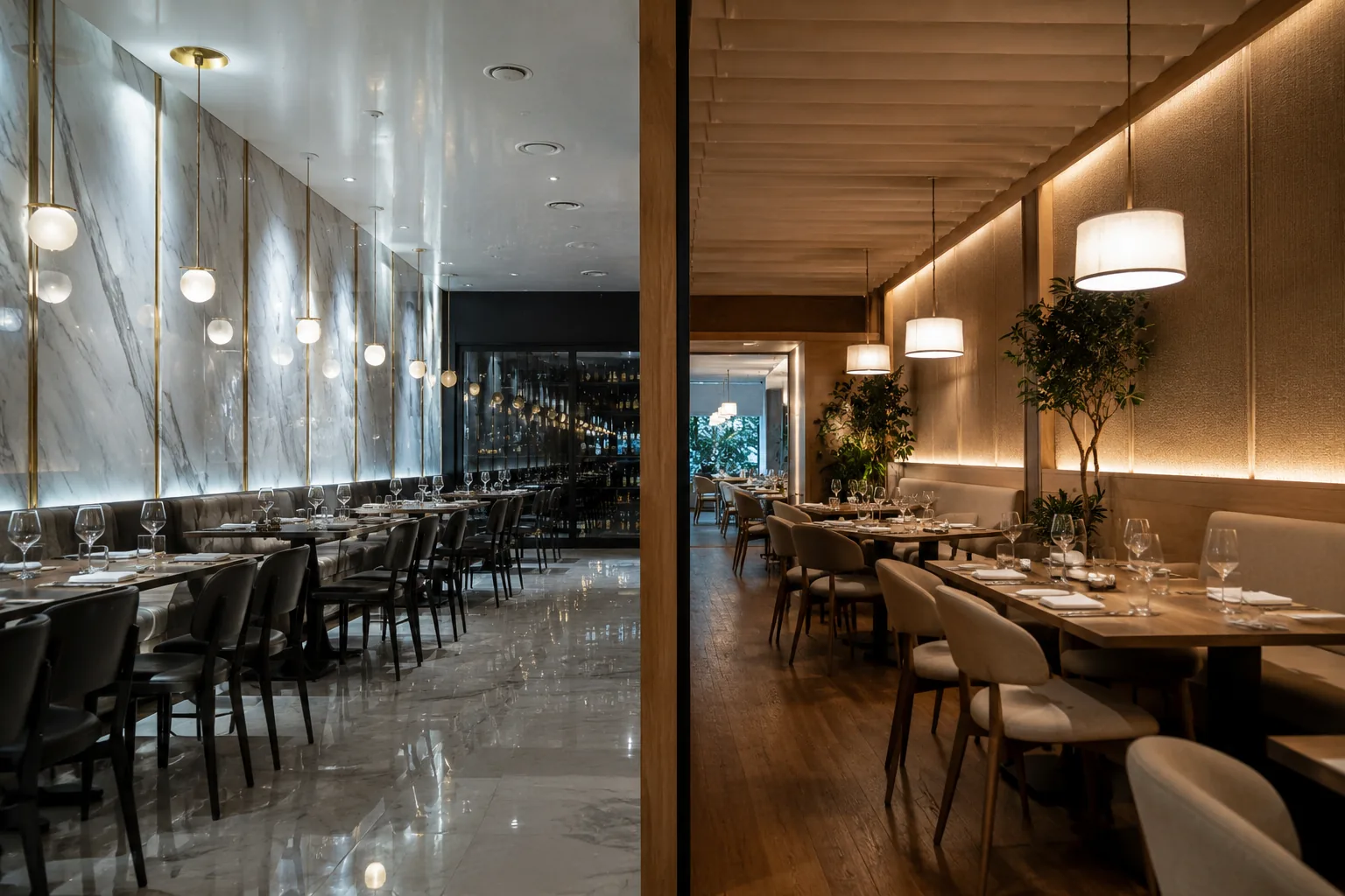 Restaurante dividido entre superficies reflectantes y materiales absorbentes para explicar la reverberación acústica