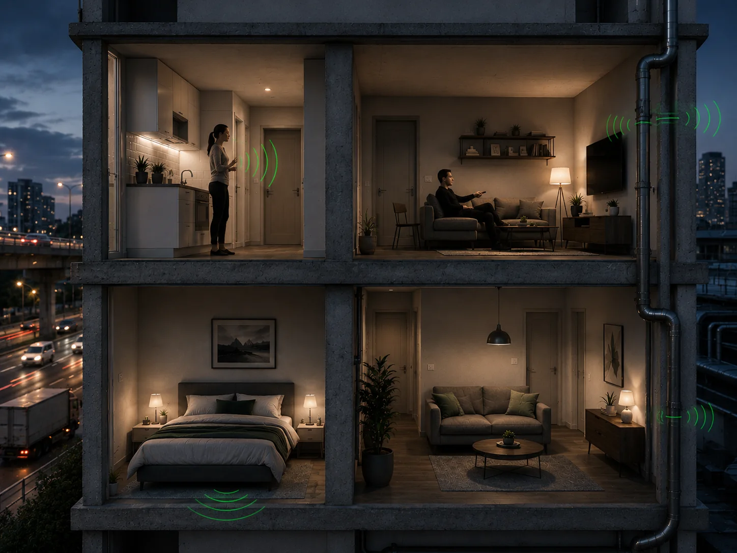 Persona en una vivienda escuchando ruidos de vecinos a través de una pared, relacionados con voces, pasos y vibraciones